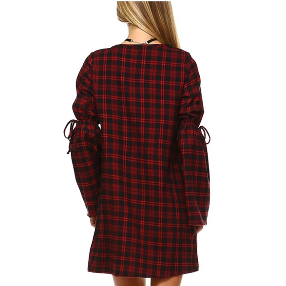 2 Hearts Plaid Flannel Bell-Sleeve Shift Dress - Picture 6 of 16